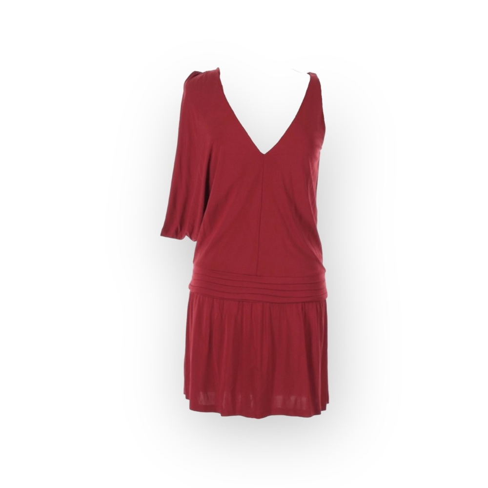 new Haute Hippie ᯾ Asymmetrical Shoulders Deep V Mini Dress ᯾ Scarlet Red ᯾ - Picture 9 of 16
